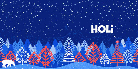 Winter forest scene with stylized trees and falling snow vector illustration © Kanika