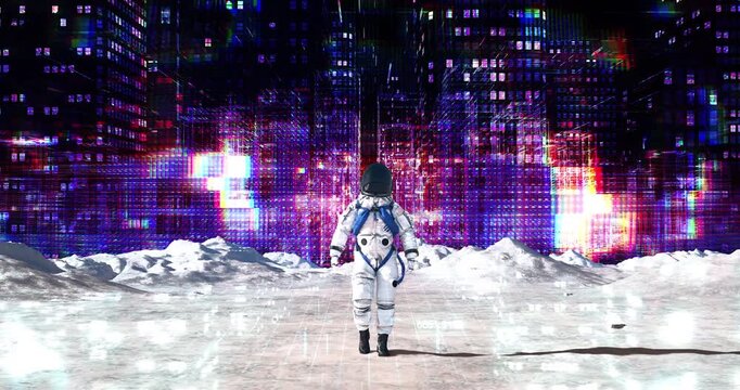Futuristic astronaut walking on an alien planet surface with glowing neon city render. Abstract Digital Space City Concept.