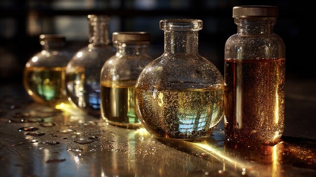 substance. Glass laboratory equipment with reflective surfaces, arranged in a precise and scientific composition. STEM education sheets.