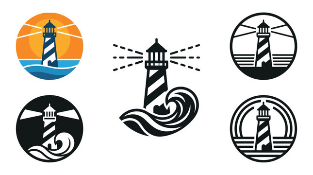 Modern lighthouse logo set featuring minimalist vector graphics with bold shapes and classic maritime style icons