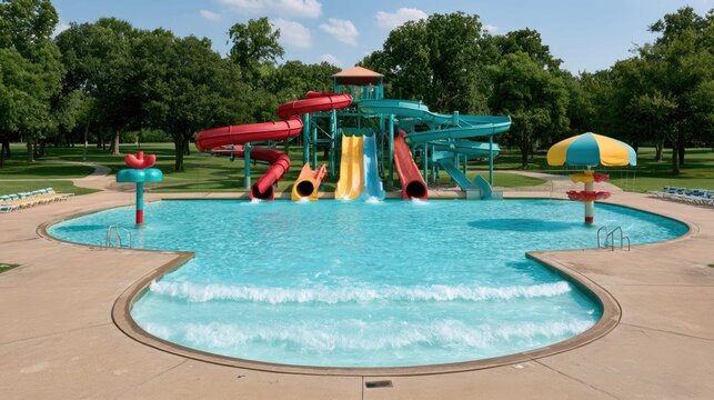 Colorful Water Slides and Splash Pool in a Sunlit Park Setting with Green Trees and Clear Blue Sky