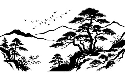 Fototapeta premium Traditional Ink Style Misty Forest with Bird Flock Vector Illustration
