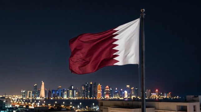 Qatar flag hanging vertically on pole, symbolizing resilience, identity, culture, heritage, tradition, unity, authenticity, brilliance, pride, sovereignty, endurance.