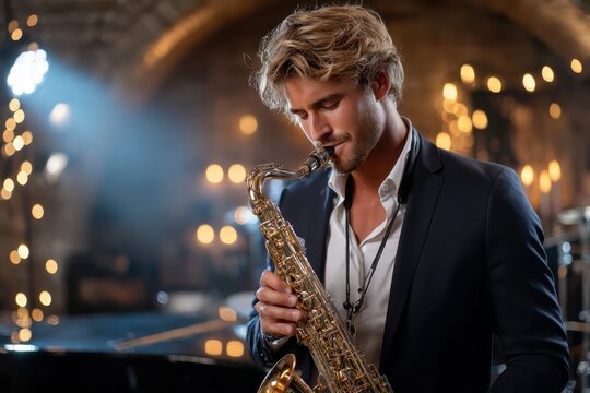 Saxophonist playing in dimly lit jazz club