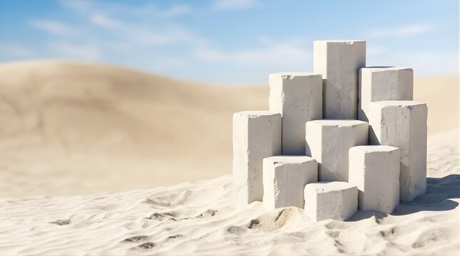 Empty white product display podiums on a desert sand dune background