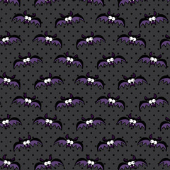 Cute purple bat seamless pattern with polka dot background. Playful Halloween repeat illustration for kids fabric, wrapping paper, wallpaper, apparel and party decorations.