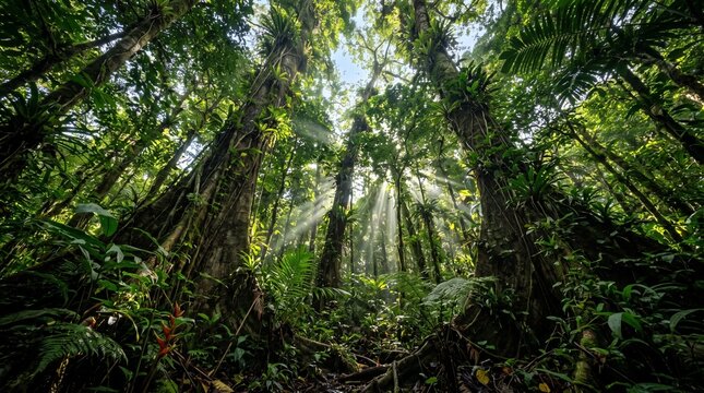 Collection of premium forest canopy landscape photographs captured from unique ground-up perspectives, showcasing towering redwood forests, ancient oak trees, giant sequoias, dense bamboo forests, tro