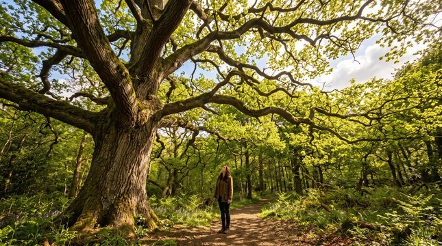 Collection of premium forest canopy landscape photographs captured from unique ground-up perspectives, showcasing towering redwood forests, ancient oak trees, giant sequoias, dense bamboo forests, tro