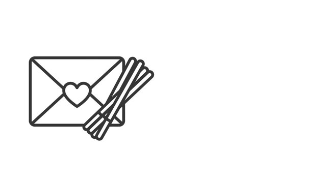A simple line art icon featuring a love letter envelope with a heart and a bundle of sticks.