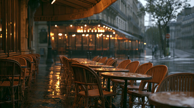 Parisian Cafe Terrace in Rain: Empty tables and chairs on a cafe terrace under an awning, reflecting the streetlights on a rainy day, evoking a moody and atmospheric European ambiance.
