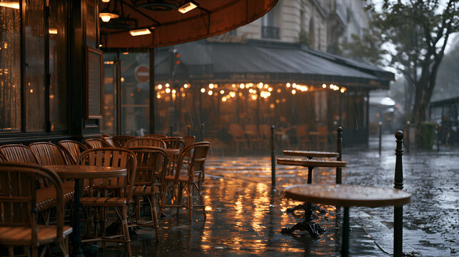 Parisian Cafe in the Rain: An empty outdoor seating area of a charming Parisian cafe on a rainy day, with reflections shimmering on the wet cobblestone street and warm light spilling from the windows.