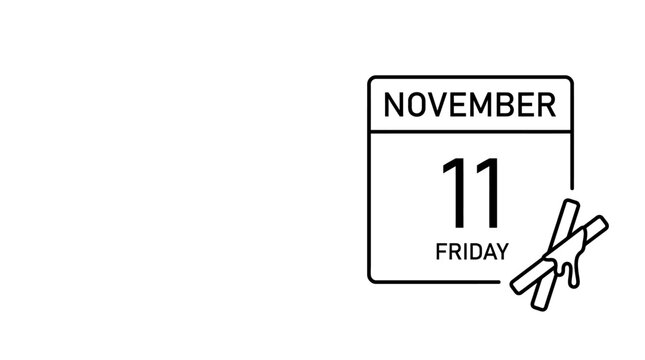 A minimalist line art calendar icon showing November 11th on a Friday with a pocky stick illustration.