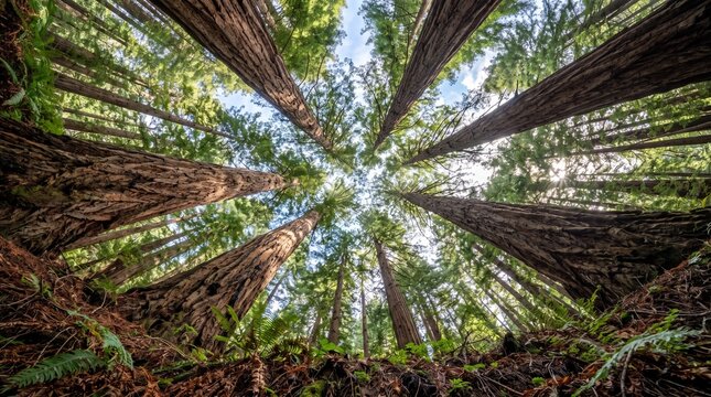Collection of premium forest canopy landscape photographs captured from unique ground-up perspectives, showcasing towering redwood forests, ancient oak trees, giant sequoias, dense bamboo forests, tro