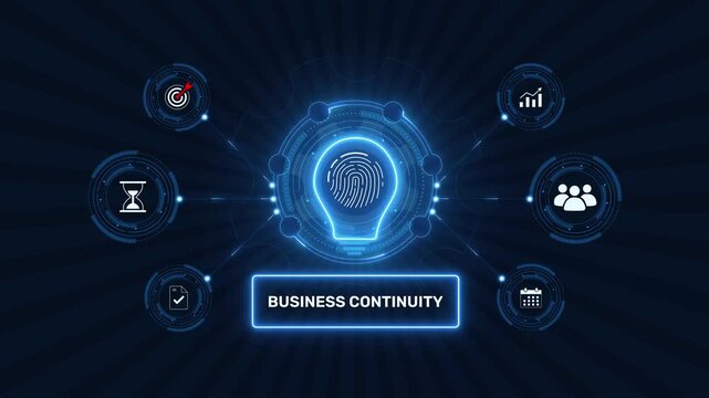 Business continuity planning abstract graphic loop with glowing biometric fingerprint icon on dark technology background