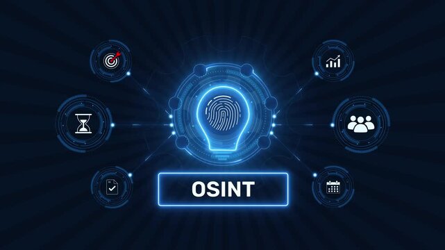 Open source intelligence osint cyber security graphic loop with glowing biometric fingerprint icon on dark technology background
