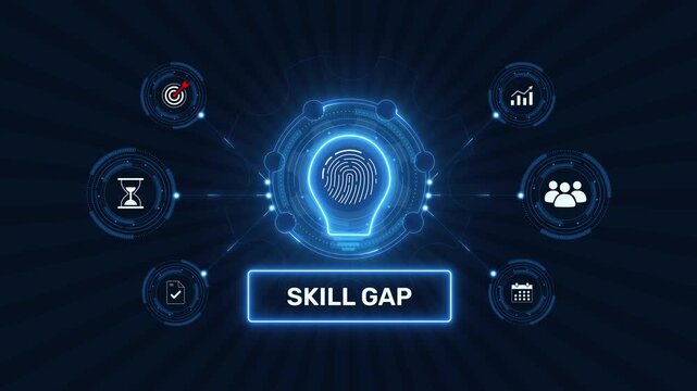 Skill gap analysis and workforce development graphic loop with glowing biometric fingerprint icon on dark technology background