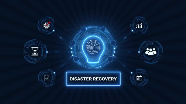 Disaster recovery plan and data backup system graphic loop with glowing biometric fingerprint icon on dark technology background