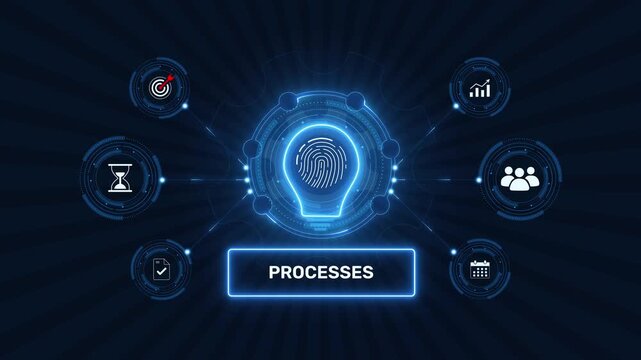 Business processes optimization and workflow automation graphic loop with glowing biometric fingerprint icon on dark technology background