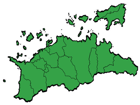 香川県地図 市町村区分 緑色 筆タッチ 和風 西日本 / A brushstroke map of Kagawa Prefecture / green