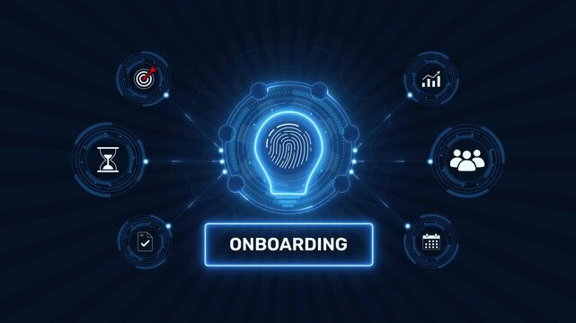 Employee onboarding process and hr recruitment graphic loop with glowing biometric fingerprint icon on dark technology background asset