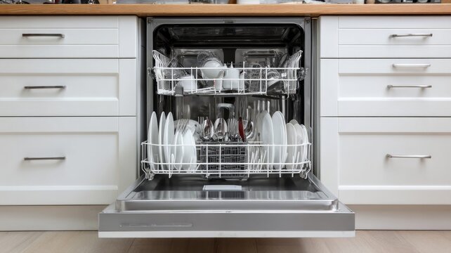 Open dishwasher showing neatly arranged dishes in kitchen. Artificial intelligence image
