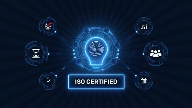 ISO certified quality standard and compliance graphic loop with glowing biometric fingerprint icon on dark technology background asset