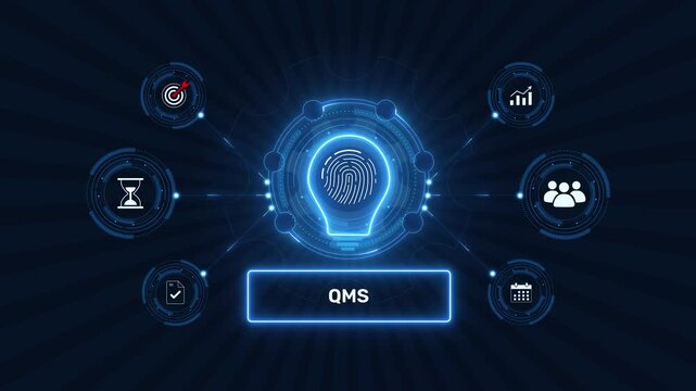 Quality management system qms process control graphic loop with glowing biometric fingerprint icon on dark technology background asset