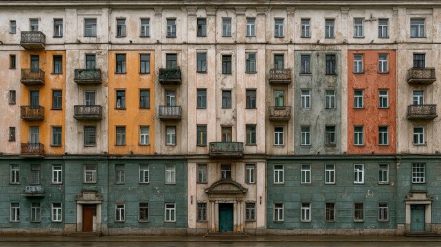 Urban soviet-era apartment facade in grayscale. Artificial intelligence image