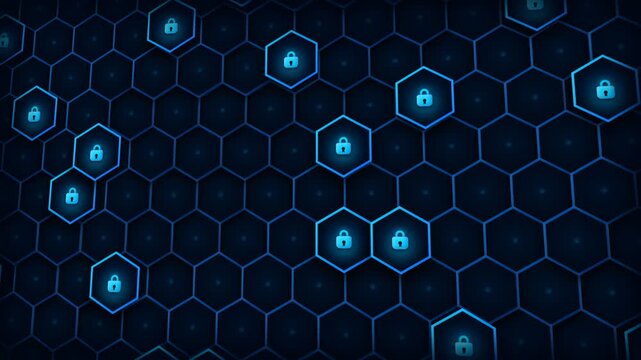 A glowing network of interconnected blue hexagons features luminous padlock symbols representing digital encryption measures to secure sensitive user information within complex advanced