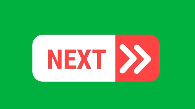 Animated next button clicking with double chevron arrow on green screen, 2D flat design UI element
