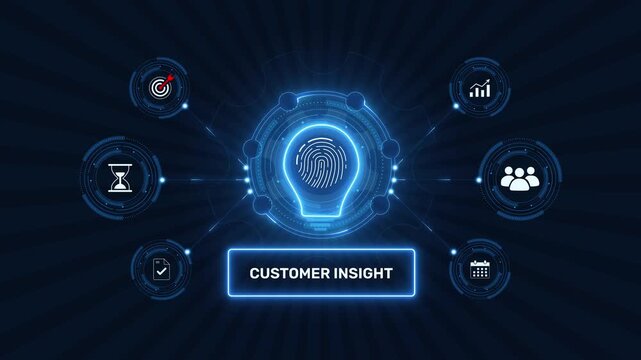 Customer insight and market research data analytics graphic loop with glowing biometric fingerprint icon on dark technology background asset