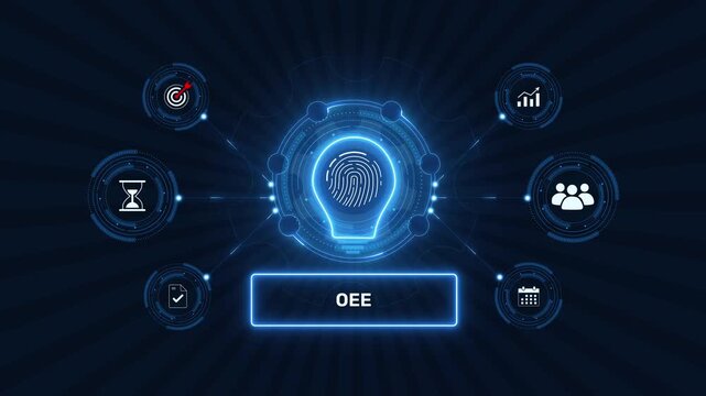 Overall equipment effectiveness oee manufacturing performance graphic loop with glowing biometric fingerprint icon on dark technology background
