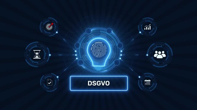 DSGVO gdpr data privacy protection compliance graphic loop with glowing biometric fingerprint icon on dark technology background asset
