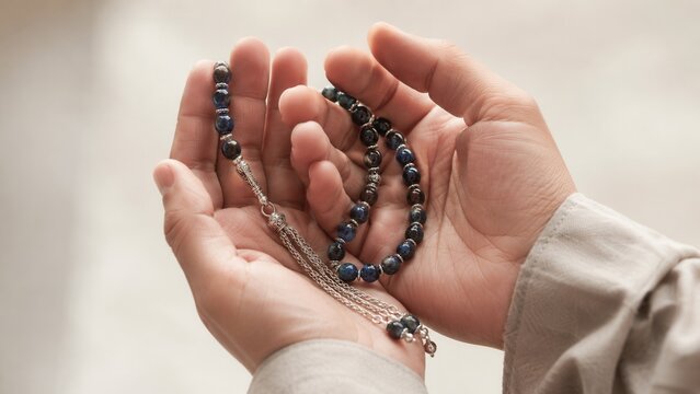 Muslim hands holding prayer beads tasbih during quiet moment of faith and spiritual meditation close up