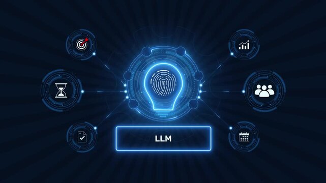 Large language model llm artificial intelligence AI graphic loop with glowing biometric fingerprint icon on dark technology background asset