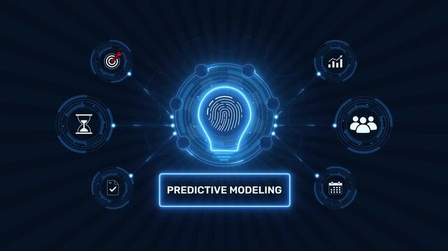 Predictive modeling data analytics and machine learning concept graphic loop with glowing biometric fingerprint icon on dark technology background asset