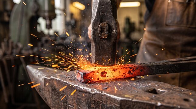 Blacksmith working with a hammer on hot metal on an anvil