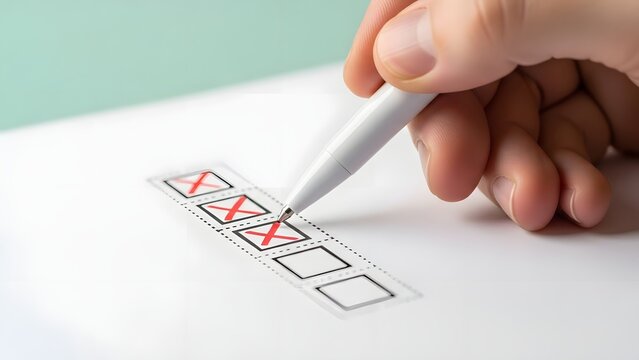 Close up of hand marking checkboxes with red cross on white document for quality assessment.