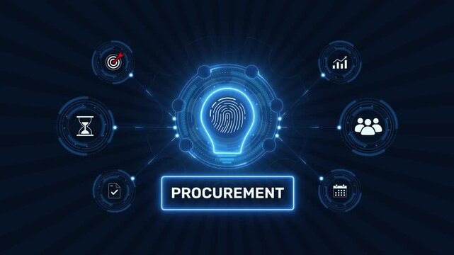 Business procurement process and supply chain sourcing graphic loop with glowing biometric fingerprint icon on dark technology background asset