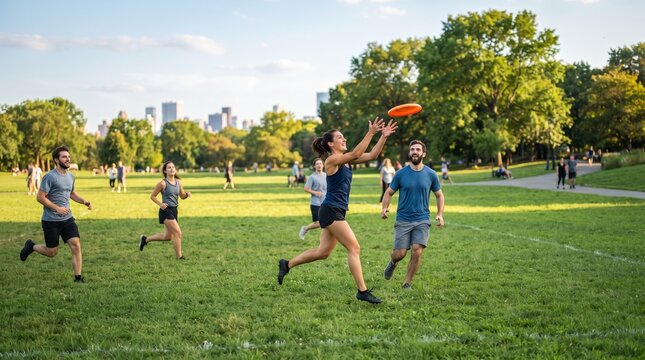 Young adults playing frisbee in a sunny park with city skyline in the background