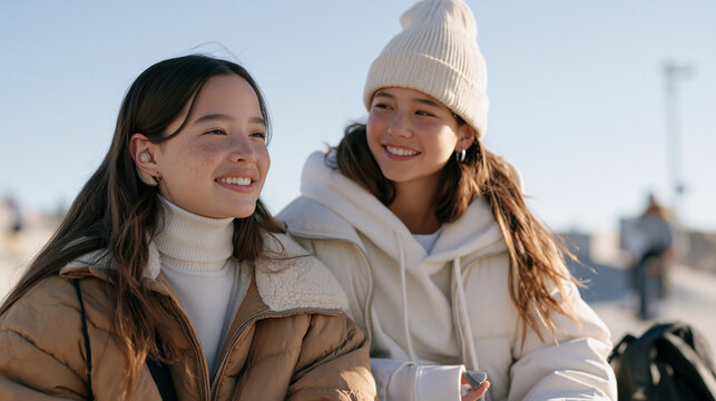 Two teenagers skate at a candlelit outdoor rink venue, one pausing to show the other a small discreet hearing device with easy confidence, the scene candid and unposed, capturing