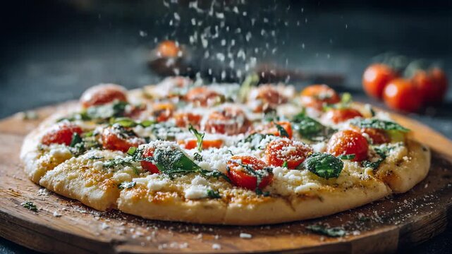 Fresh pizza topped with melted cheese, tomatoes and basil sprinkled with parmesan on rustic wooden table