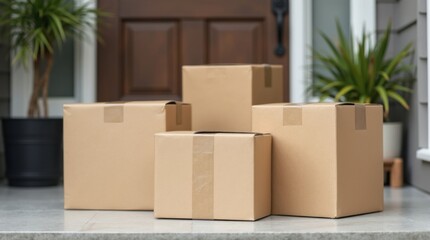 Obraz premium Primer plano de cajas de envío frente a una casa