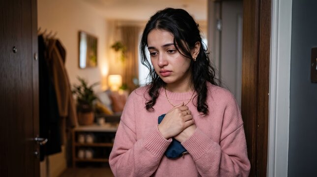 Sad young woman in a pink sweater standing indoors in a dimly lit hallway, looking down dejectedly while clutching her black purse.