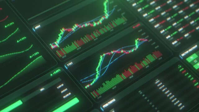 Trading terminal interface with a cryptocurrency candlestick charts, market board quotes and heatmap panels. Close up of a crypto and stock exchange dashboard with green and red price data