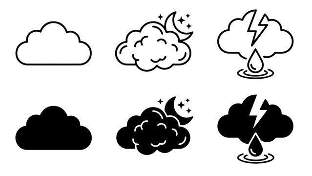 Weather Icon Set &ndash; Cloud, Night Sky, Storm, Rain and Thunder Line and Solid Vector Icons Collection, Modern Climate Symbols Isolated on White Background