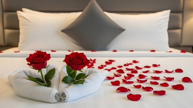 Close up of hotel bed decorated with towel swans and red rose petals.