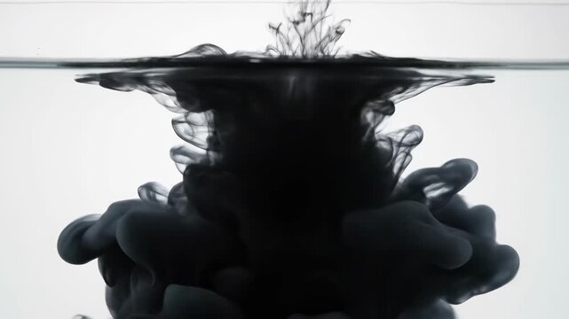 A stream of black ink drops into water and billows out into abstract smoke-like shapes. The visual is set against a stark white background with high contrast fluid dynamics.