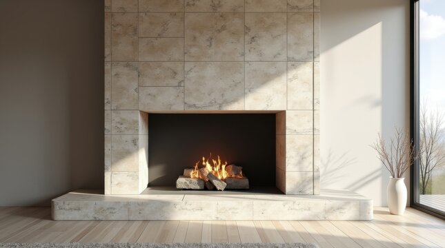 Pared de chimenea moderna en construcci&oacute;n con revestimiento de piedra natural parcialmente instalado