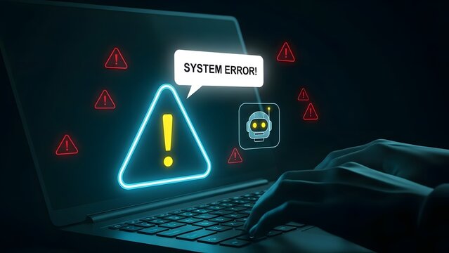 Computer system error alert with robot icon and warning symbols on laptop screen in dark room.